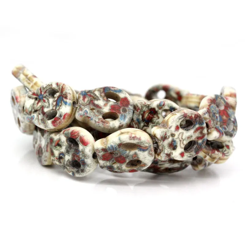 16" Strand FLORAL Painted Howlite Stone FLAT SKULL Gemstone Beads approx 25 beads . carved stone 15mm how0051