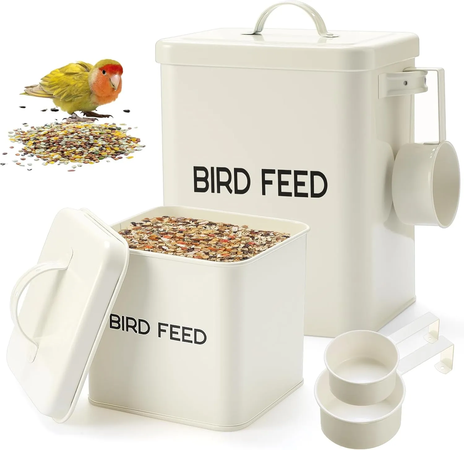 2 Pcs Metal Bird Seed Container with Scoop, White Bird Feed Storage Container with Fitted Lid, Ideal Gift for Birds and Pet Owners