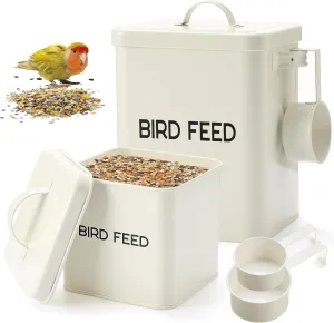 2 Pcs Metal Bird Seed Container with Scoop, White Bird Feed Storage Container with Fitted Lid, Ideal Gift for Birds and Pet Owners