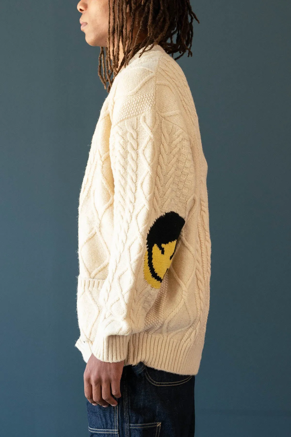 5G Wool Cable Knit Elbow-CATPITAL Cardigan - Ecru