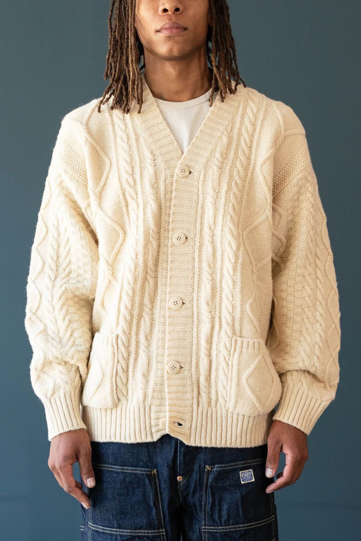 5G Wool Cable Knit Elbow-CATPITAL Cardigan - Ecru