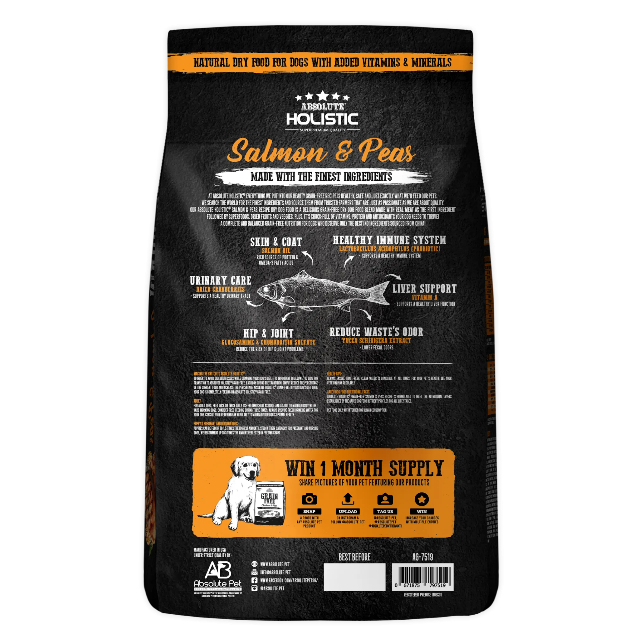 Absolute Holistic Grain Free Dry Dog Food -  Salmon & Peas (22lbs)