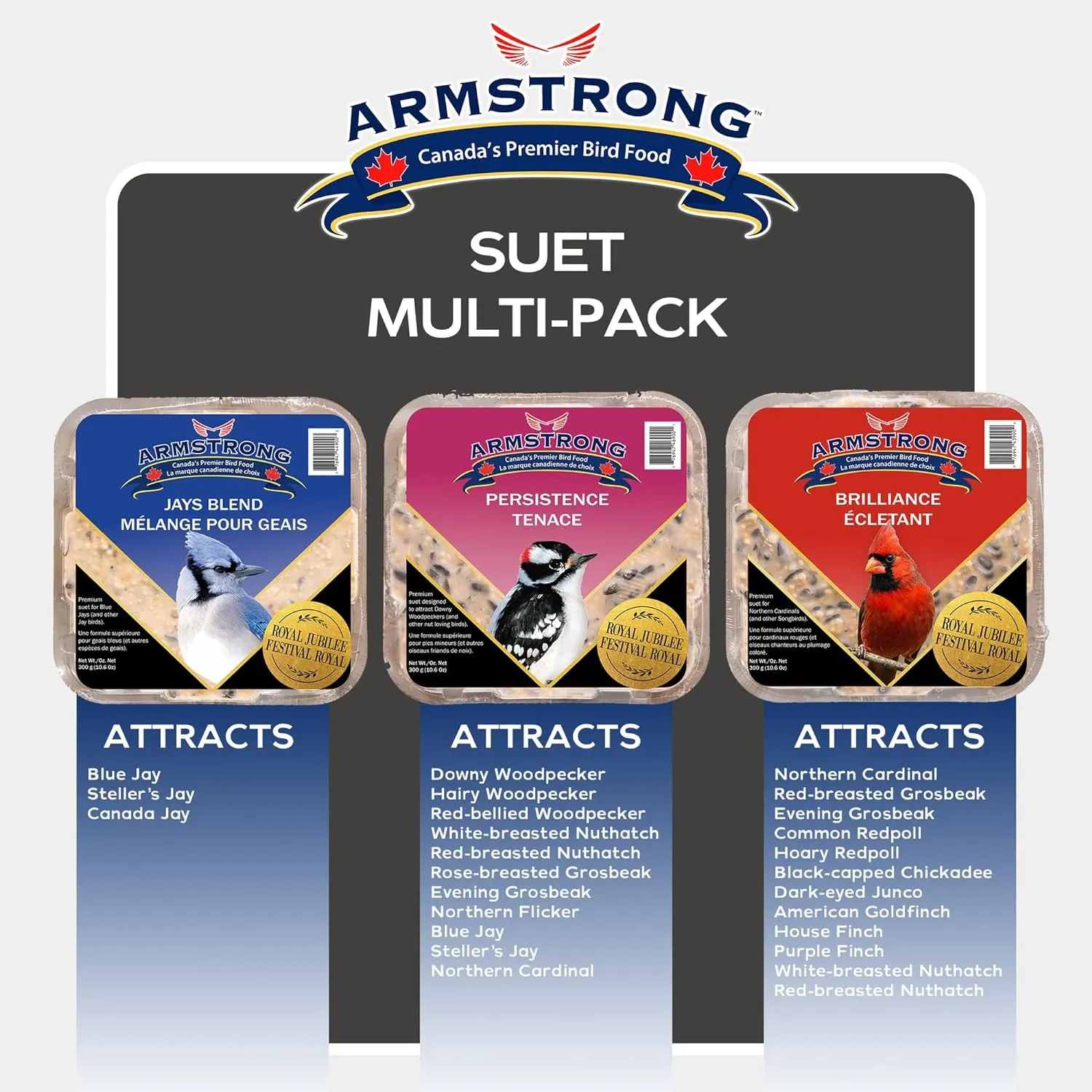 Armstrong Royal Jubilee Suet Variety Pack, Wild Bird Food, Brilliance, Jays Blend, Persistence (12 Pack) 3.6KG