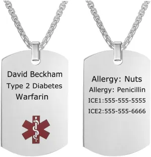 BBX JEWELRY 28 inches Personalized Medical Alarm Necklace Men Medical Alert Necklace ID Dog Tags Free Engraving