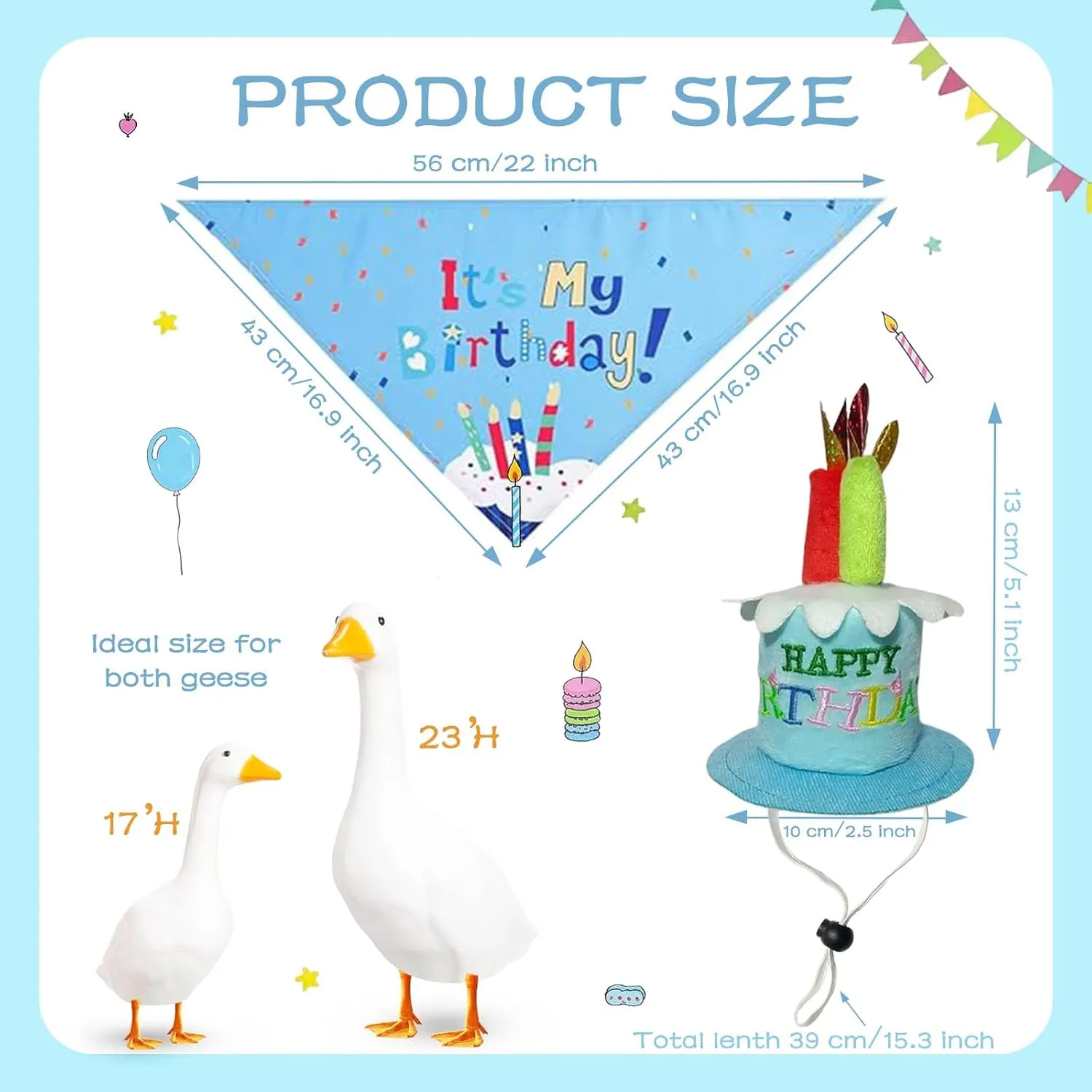Birthday Goose Outfit Set, Porch Goose Outfits with Cake Hat and Bandana Fits 17-23 inch Yard Goose Decorations, Blue