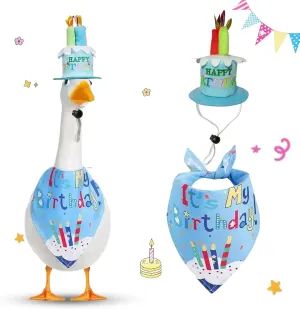 Birthday Goose Outfit Set, Porch Goose Outfits with Cake Hat and Bandana Fits 17-23 inch Yard Goose Decorations, Blue