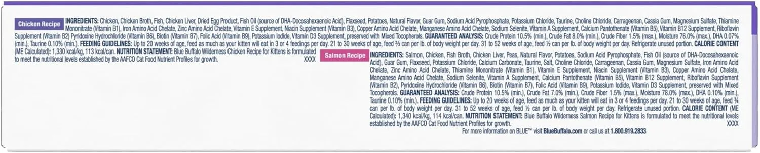 Blue Buffalo Wilderness Kitten Food, High-Protein & Grain-Free Wet Cat Food Pat Variety Pack, Chicken & Salmon Recipes, 3-oz. Cans (6 Count, 3 of Each)