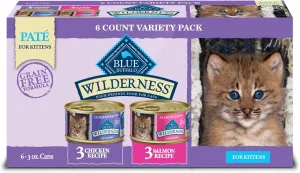 Blue Buffalo Wilderness Kitten Food, High-Protein & Grain-Free Wet Cat Food Pat Variety Pack, Chicken & Salmon Recipes, 3-oz. Cans (6 Count, 3 of Each)