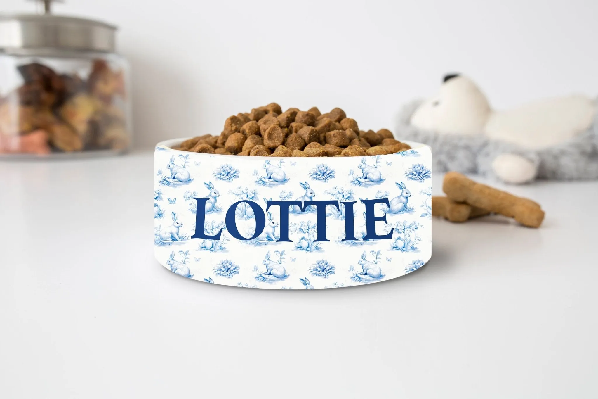 Blue Toile Dog Bowl Easter Dog Bowl Personalized Bunny Pet Food Bowl