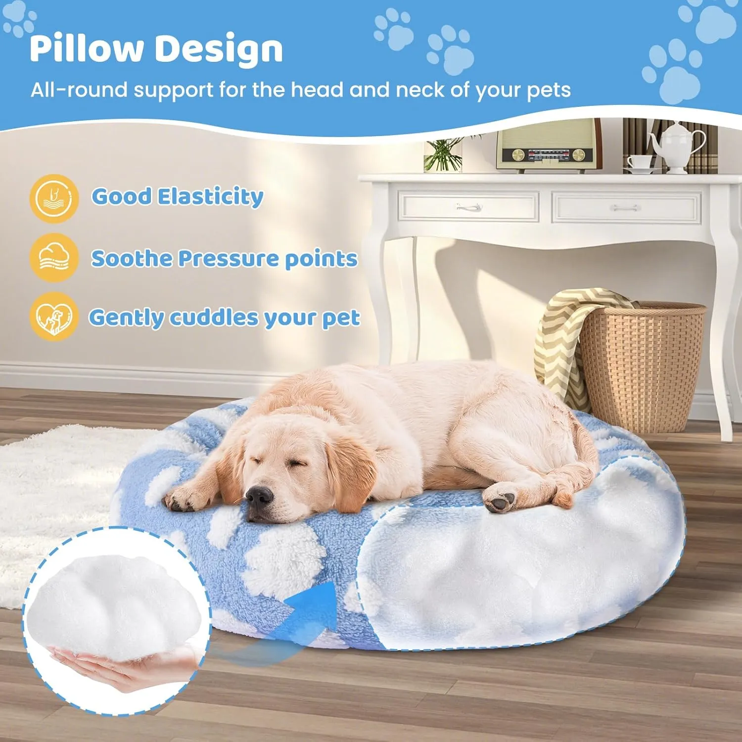 Calming Dog Bed for Small & Medium Dogs - Donut Cat Bed, Warming & Soft Cushion - Washable & Anti-Slip, 23 Inches (Blue)