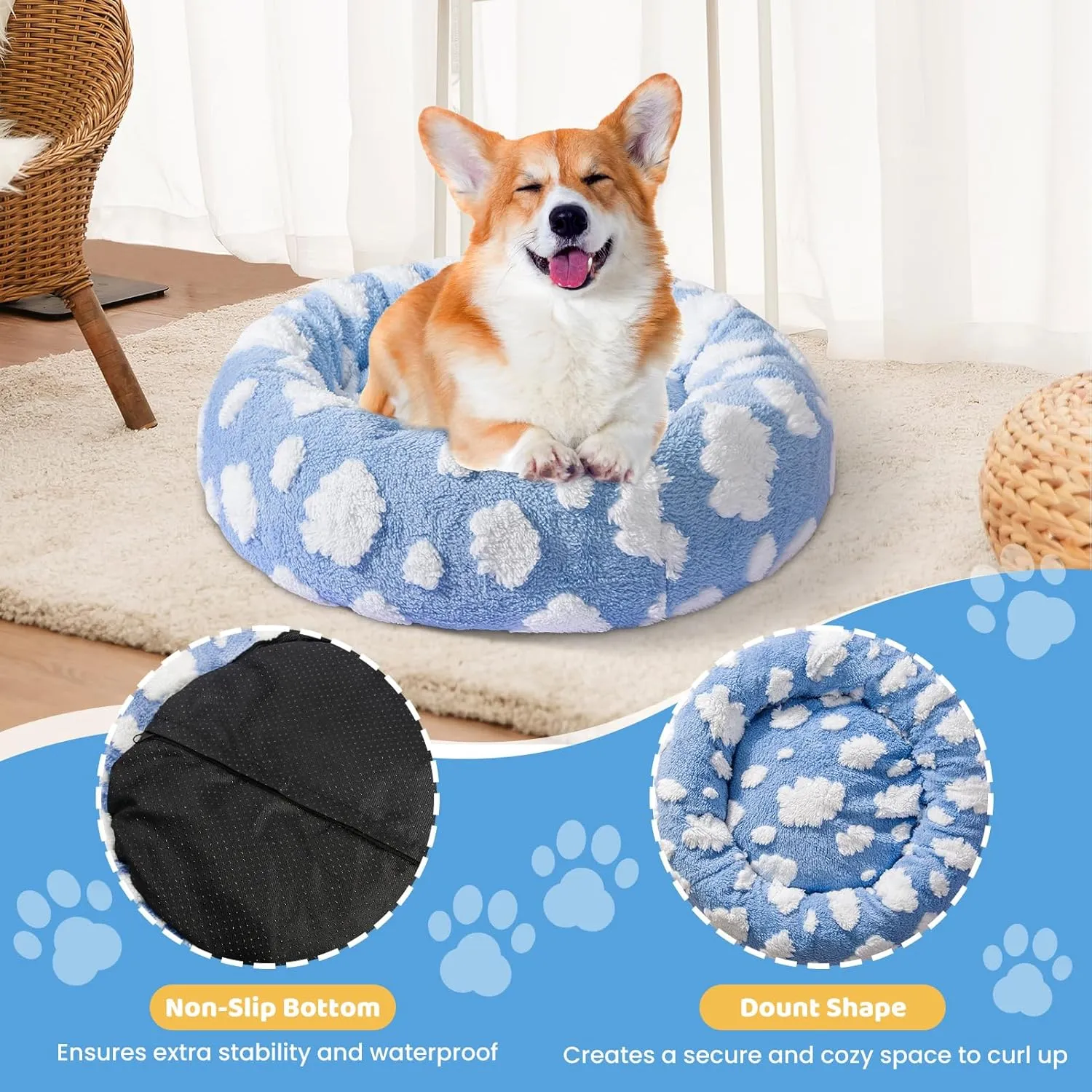 Calming Dog Bed for Small & Medium Dogs - Donut Cat Bed, Warming & Soft Cushion - Washable & Anti-Slip, 23 Inches (Blue)