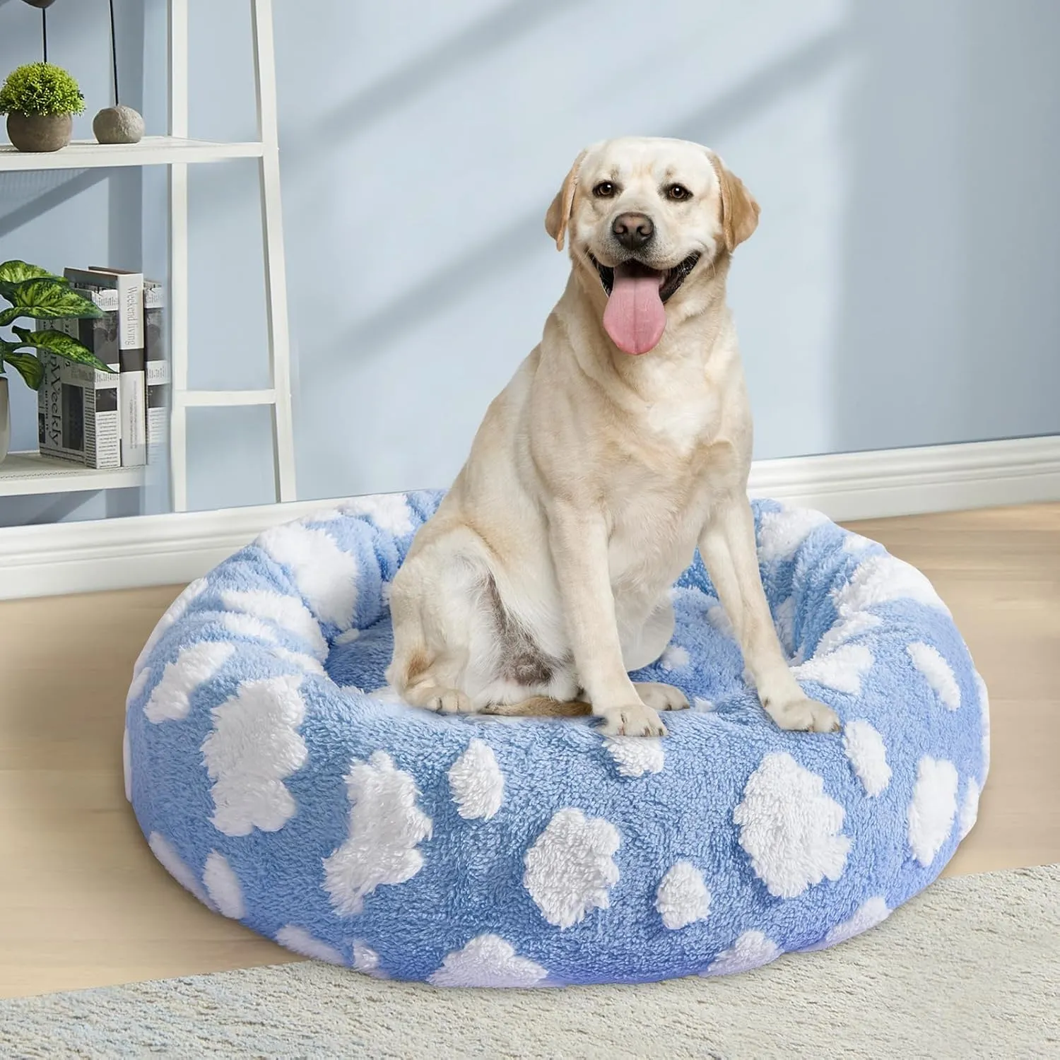 Calming Dog Bed for Small & Medium Dogs - Donut Cat Bed, Warming & Soft Cushion - Washable & Anti-Slip, 23 Inches (Blue)
