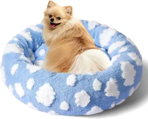 Calming Dog Bed for Small & Medium Dogs - Donut Cat Bed, Warming & Soft Cushion - Washable & Anti-Slip, 23 Inches (Blue)