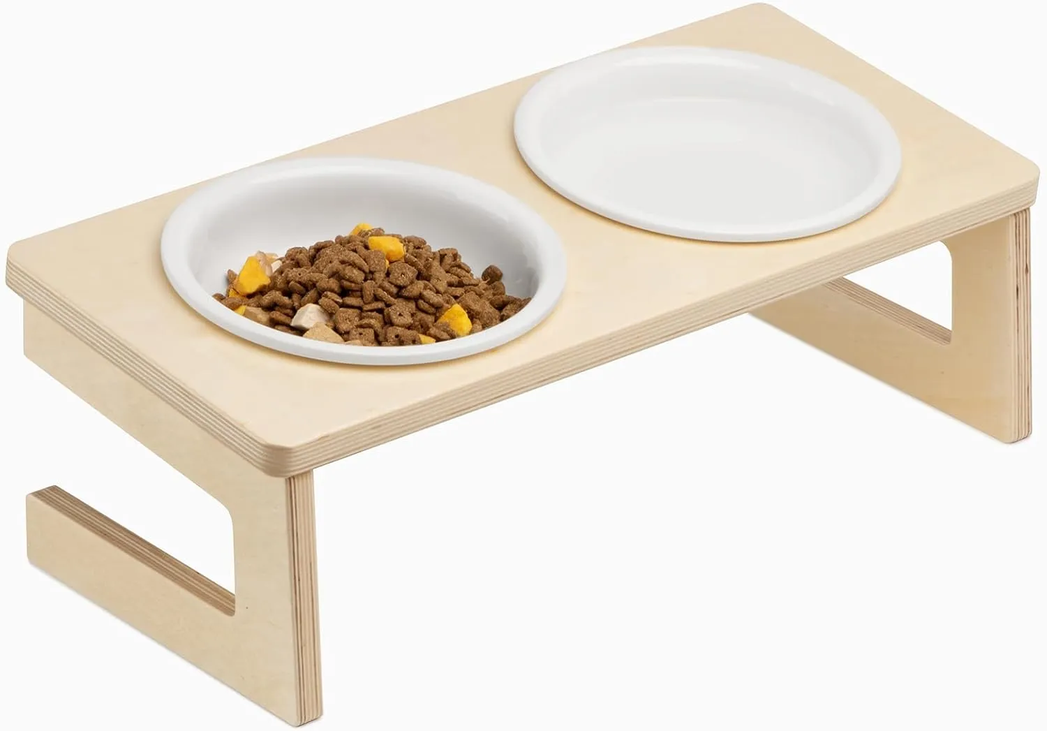 Cat Bowls, 10 Tilted Wooden Stand Elevated Cat Food and Water Bowls with Thick Ceramic, Whisker Friendly, Wider Shallower Stable Dishwasher Safe, Ideal for Cats, Kittens and Small Dogs