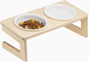 Cat Bowls, 10 Tilted Wooden Stand Elevated Cat Food and Water Bowls with Thick Ceramic, Whisker Friendly, Wider Shallower Stable Dishwasher Safe, Ideal for Cats, Kittens and Small Dogs