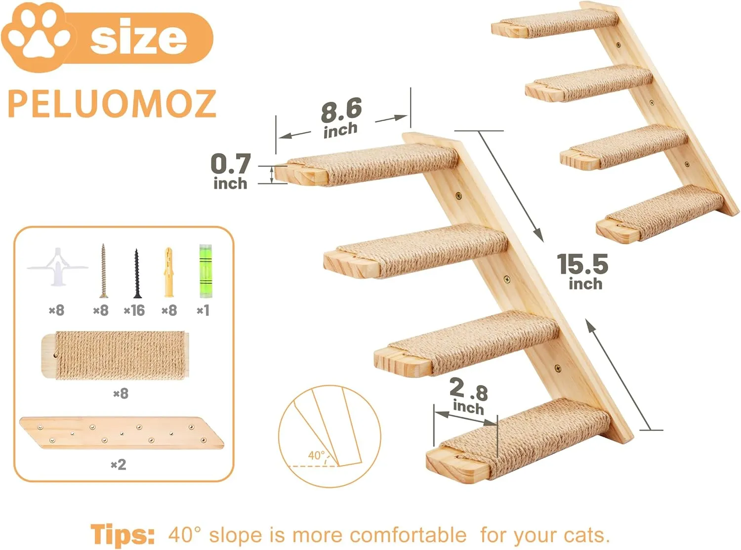 Cat Climbing Shelves Wall Mounted 2PCS Four Steps Reversible Left & Right Direction, Cat Shelf Stairway for Wall with Jute Scratching Ladder Shelves Pet Furniture for Perch Sleeping