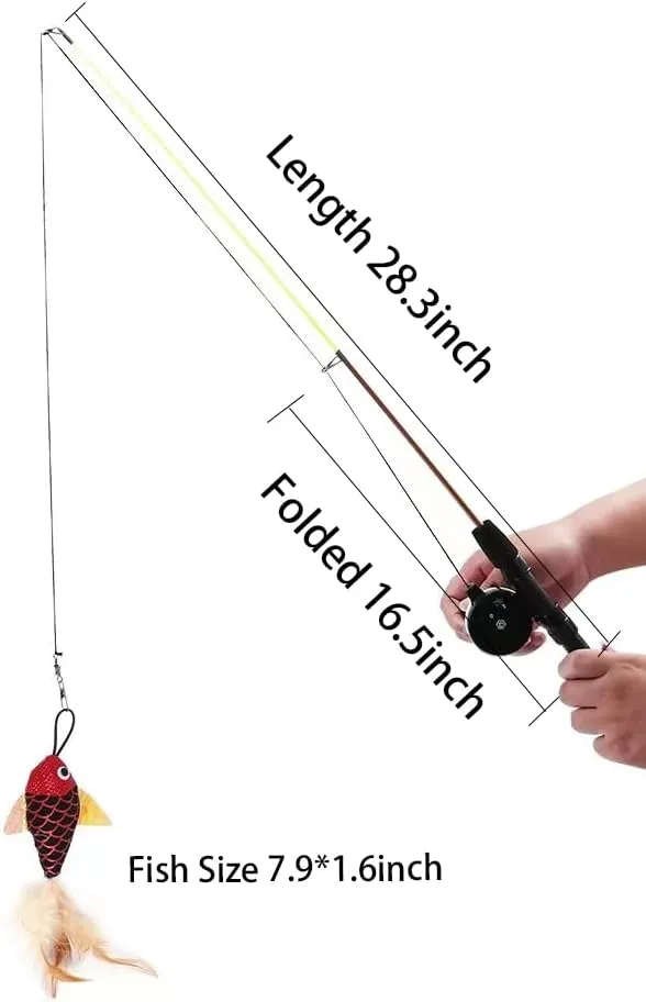 Cat Fishing Pole Toy, Interactive Cat Teaser Wand, Retractable Fishing Pole Cat Toy with Reel, Cat Pole for Indoor Cats, Cat Fishing Rod Catcher for Kitty Kitten Cat Feather Toy Mouse