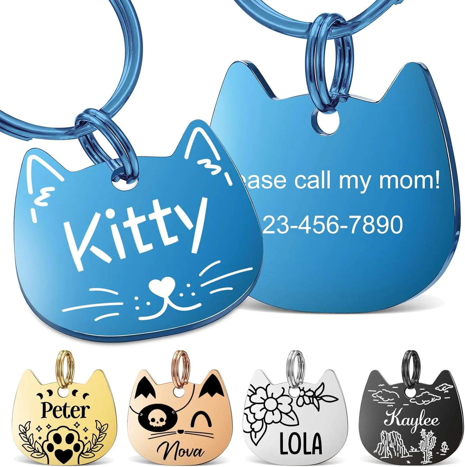 Cat Tags Personalized, Cat Dog ID Tag Custom Dogs Stainless Steel Name Tag Customized Pet Tags Both Side Engravable Kitten Puppy Name Tags(Blue, S)