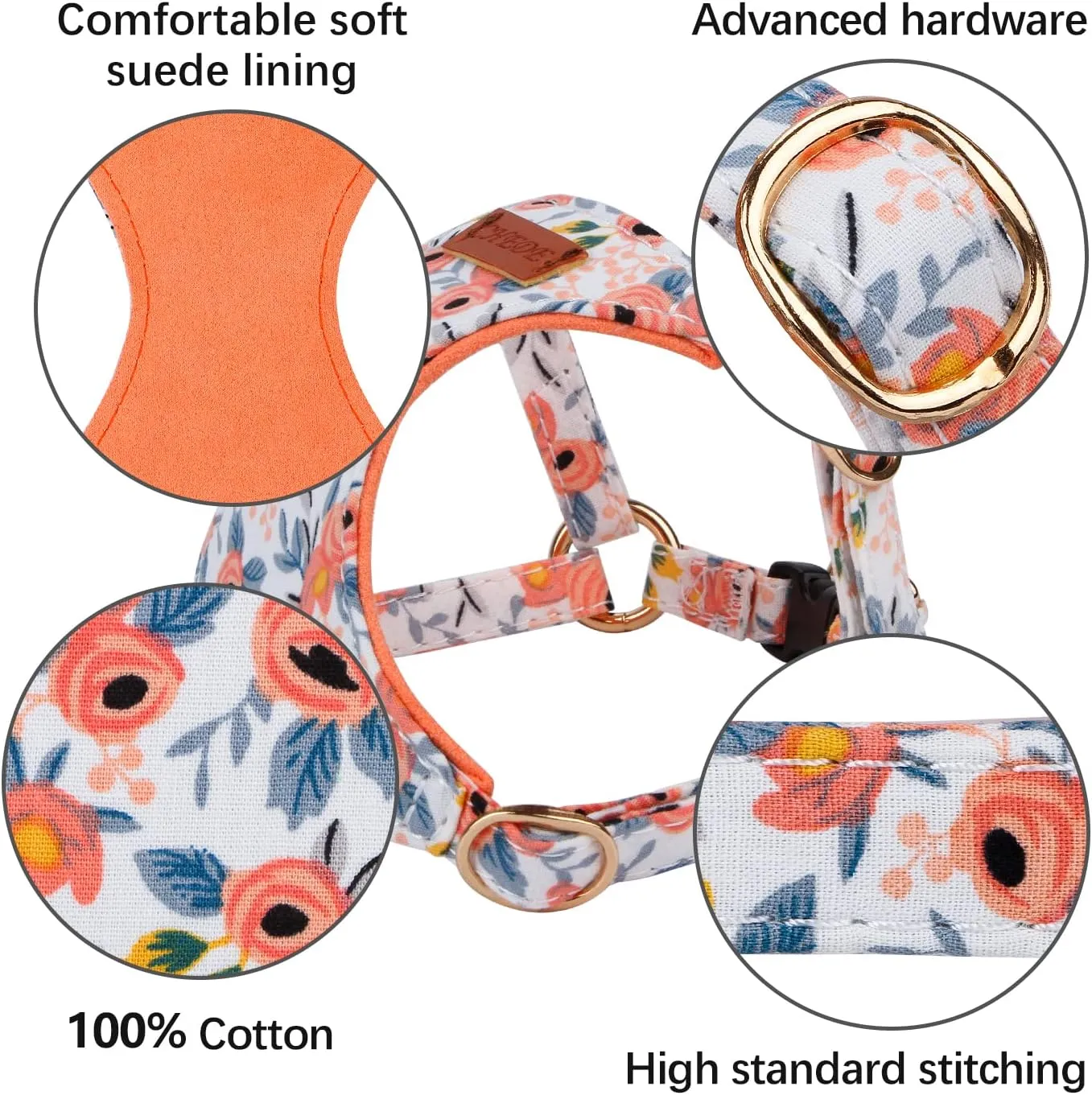 CHEDE No Pull Floral Pattern Dog Harness- Lightweight, Soft, Adjustable Small Harness and Leash Set, Suitable for Puppy Small and Medium-Sized Dog (XXS, Orange Rose)