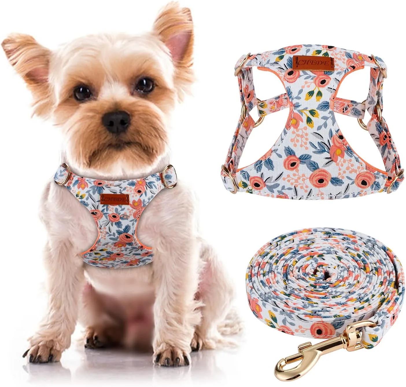 CHEDE No Pull Floral Pattern Dog Harness- Lightweight, Soft, Adjustable Small Harness and Leash Set, Suitable for Puppy Small and Medium-Sized Dog (XXS, Orange Rose)