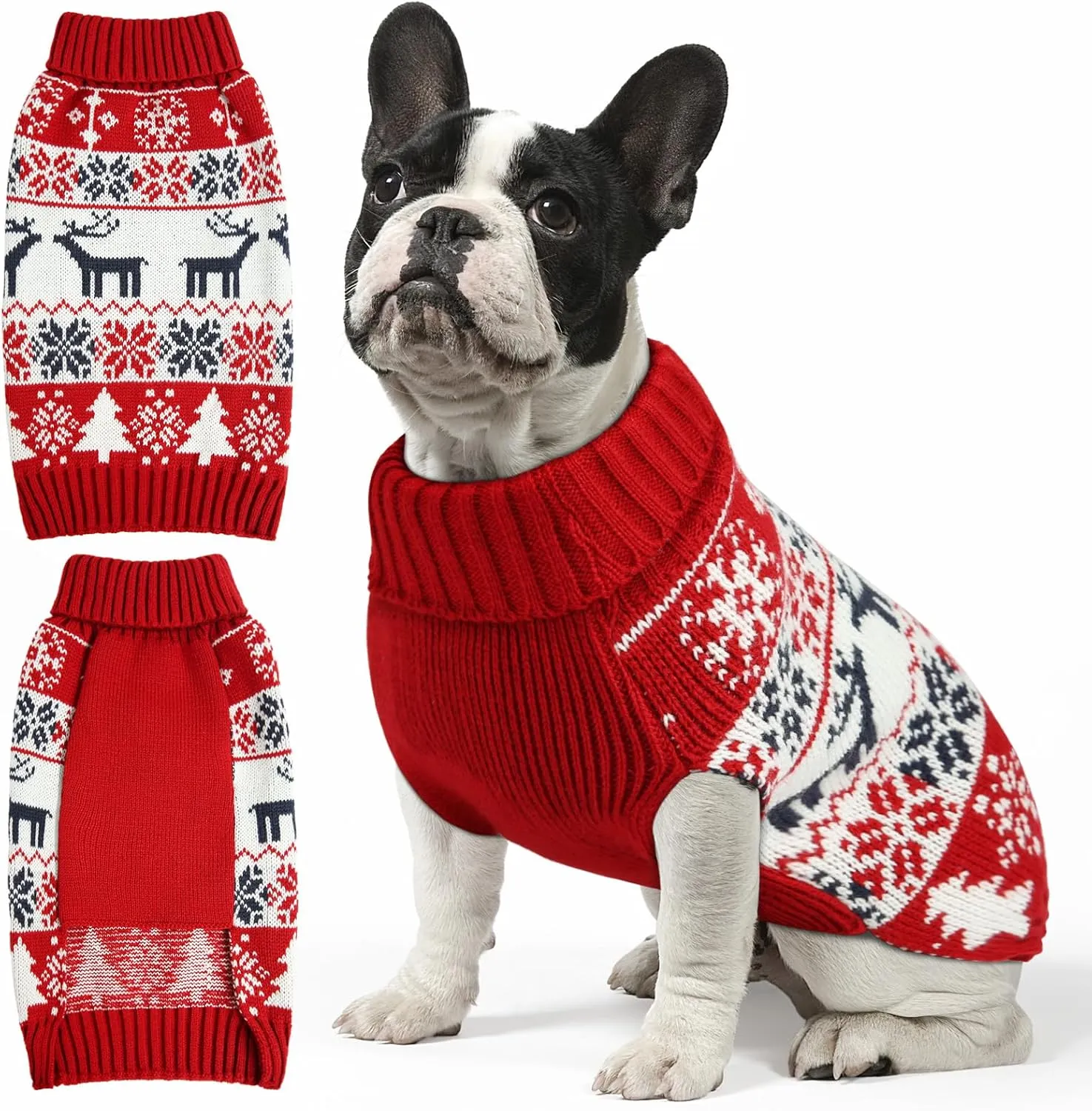 Christmas Dog Sweaters & Shirts for Small to 3XL Dogs - Soft, Warm Turtleneck & Double Knit Collar for Outdoors, Deer Theme
