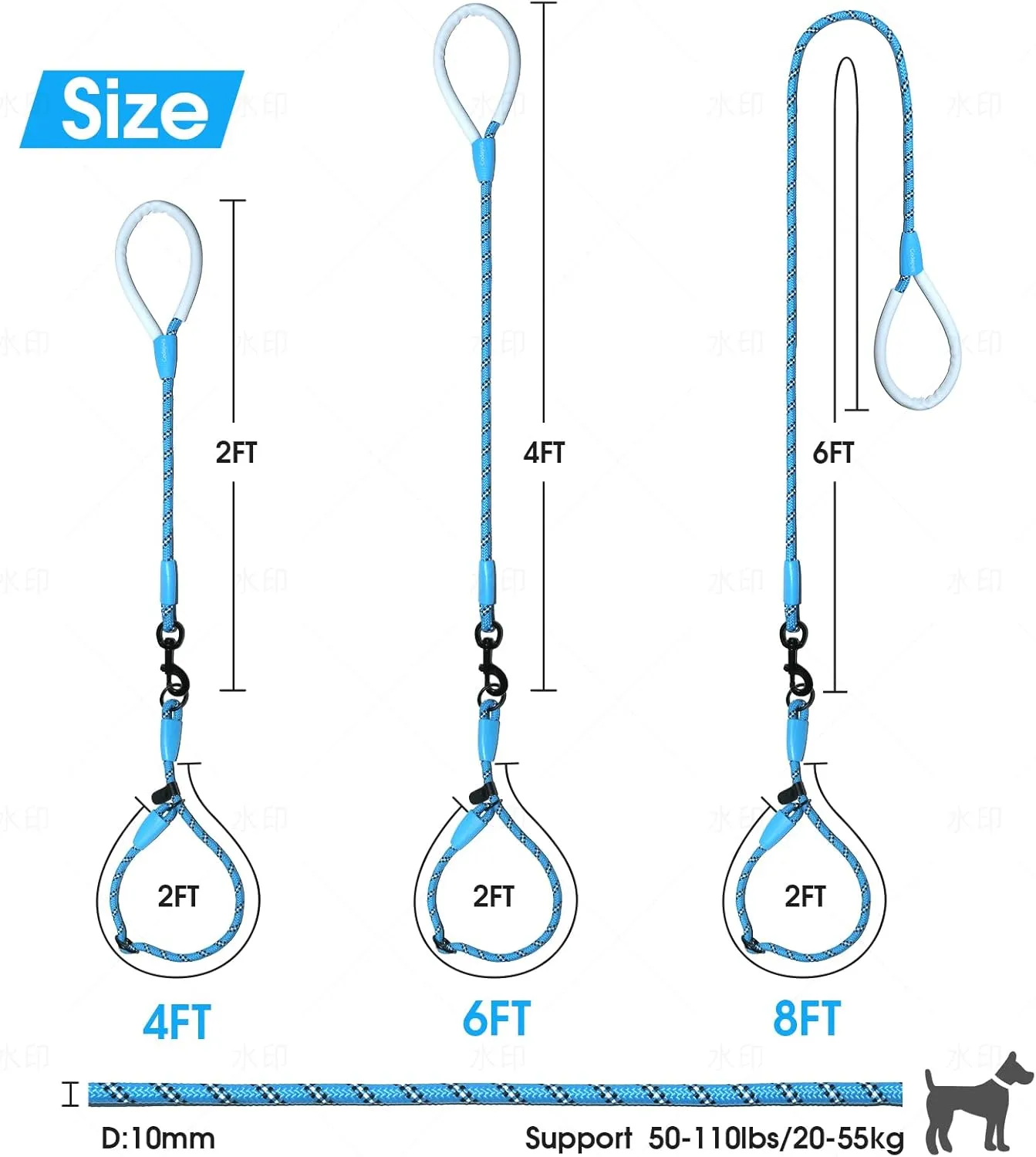 Detachable 2/5" Slip Lead, 4FT 6FT 8FT with Comfortable Silicone Handle Strong Rope Leash for Large Medium Small Dogs No Pull Highly Reflective Pet Training Leash (Blue-Black, 6FT)