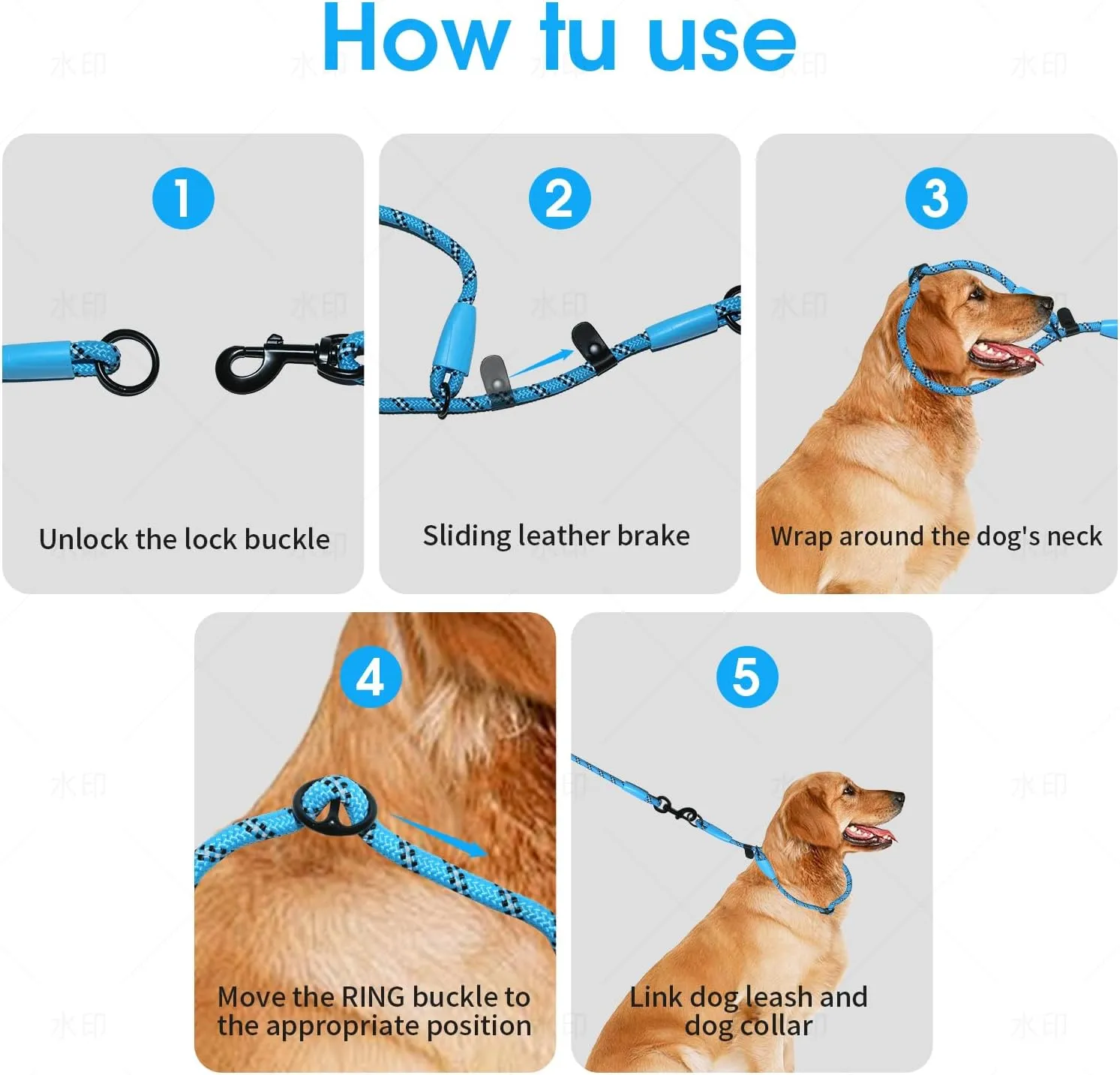 Detachable 2/5" Slip Lead, 4FT 6FT 8FT with Comfortable Silicone Handle Strong Rope Leash for Large Medium Small Dogs No Pull Highly Reflective Pet Training Leash (Blue-Black, 6FT)