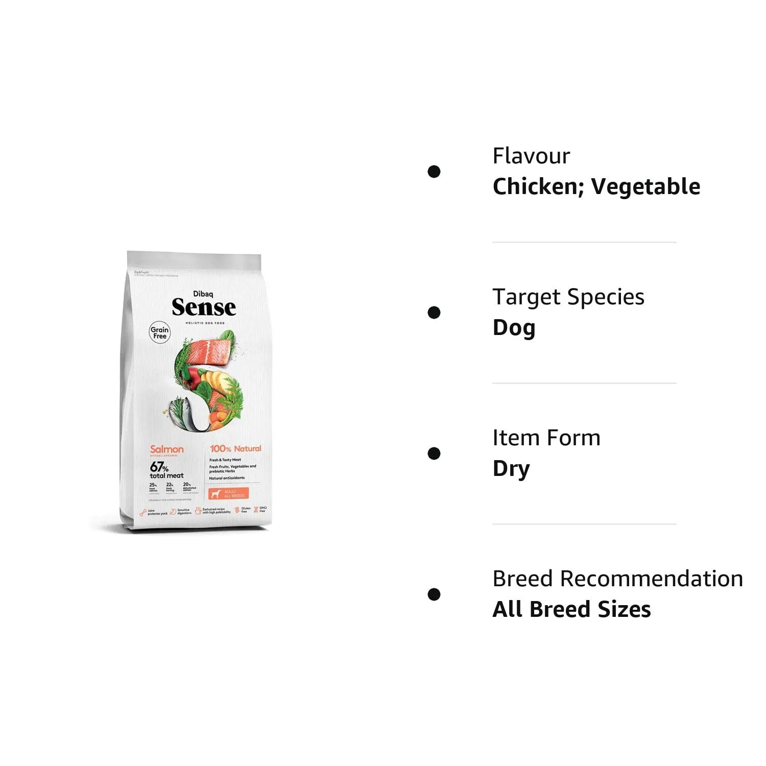 Dibaq Sense Grain Free Salmon Hypoallergenic 100% Natural Adult All Breeds Dry Dog Food 2Kg, 1 Count