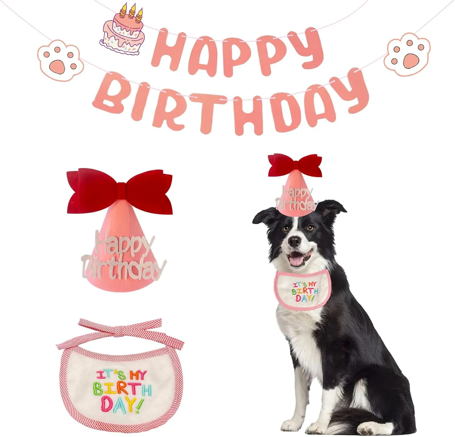 Dog Birthday Hat Bandana and Banner for Small Medium Large Dog Pet 3 Pcs Girl Dog Party Hat Scarf and Banner Birthday Outfit Dog Birthday Decorations Set Dog Birthday Party Supplies (Pink)