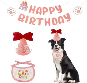 Dog Birthday Hat Bandana and Banner for Small Medium Large Dog Pet 3 Pcs Girl Dog Party Hat Scarf and Banner Birthday Outfit Dog Birthday Decorations Set Dog Birthday Party Supplies (Pink)