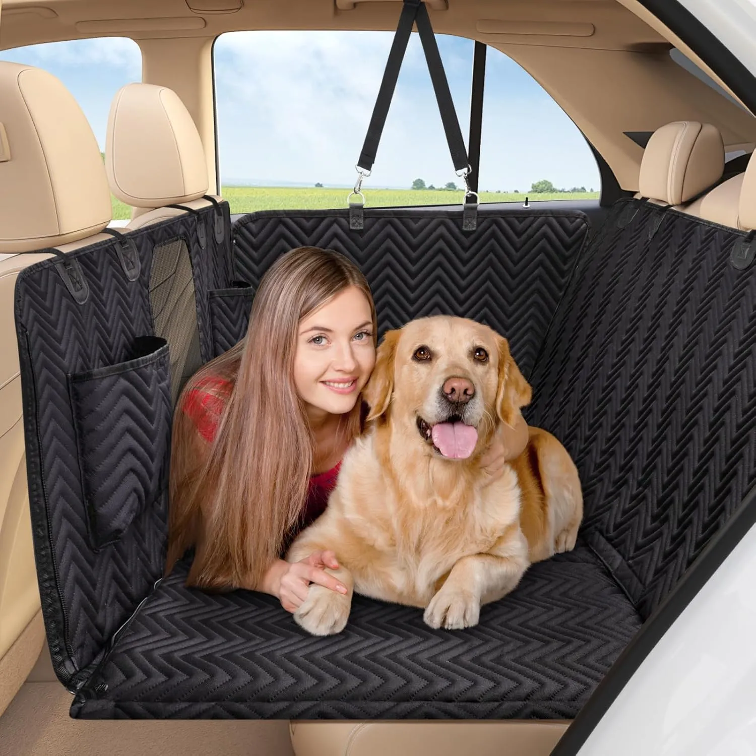 Dog Car Seat Cover for Back Seat - Back Seat Extender for Dogs with Hard Bottom, Supports 400 lbs, Thick Sponge, Waterproof, Hammock Backseat Protector for Pet, Car, Truck, SUV, Black