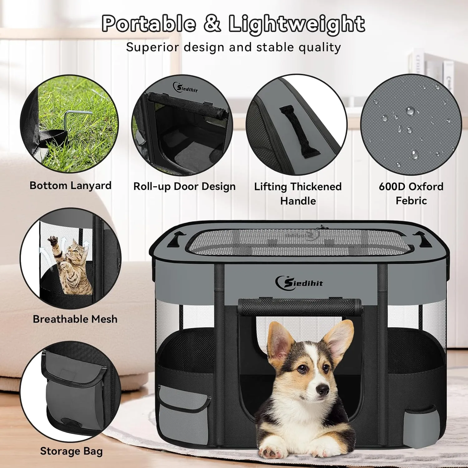 Dog Cat Playpen28/31/35in, Pet Puppy Portable Pens for Outdoor Travel Crate, Indoor After Surgery Use, Foldable Dog Kennel Tent for Rabbit or Small Animals and Tent Stakes (Dark Grey, Small)