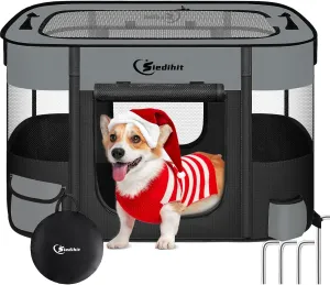 Dog Cat Playpen28/31/35in, Pet Puppy Portable Pens for Outdoor Travel Crate, Indoor After Surgery Use, Foldable Dog Kennel Tent for Rabbit or Small Animals and Tent Stakes (Dark Grey, Small)