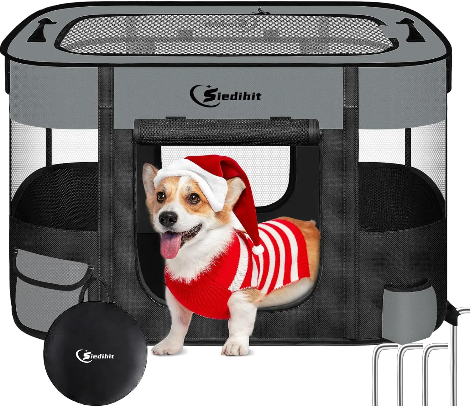 Dog Cat Playpen28/31/35in, Pet Puppy Portable Pens for Outdoor Travel Crate, Indoor After Surgery Use, Foldable Dog Kennel Tent for Rabbit or Small Animals and Tent Stakes (Dark Grey, Small)