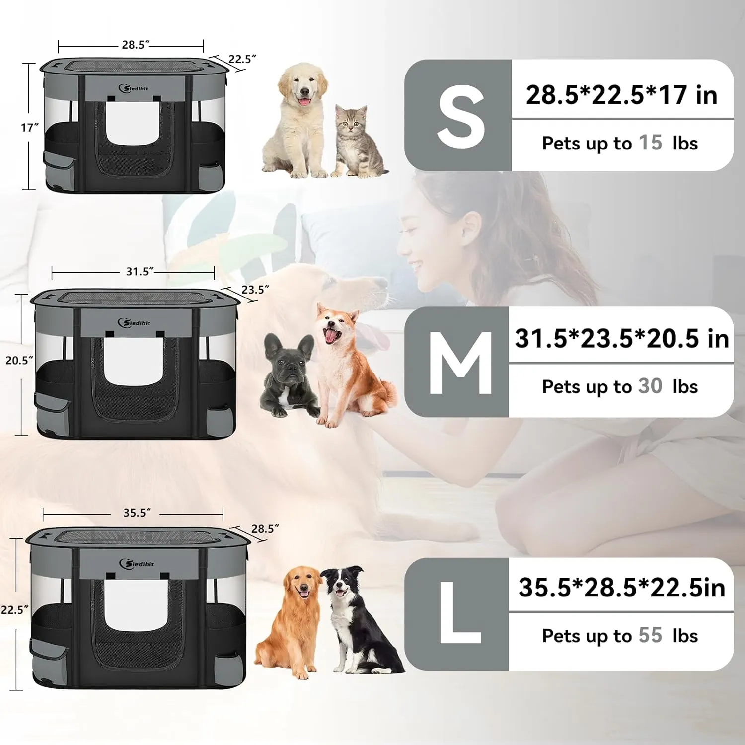 Dog Cat Playpen28/31/35in, Pet Puppy Portable Pens for Outdoor Travel Crate, Indoor After Surgery Use, Foldable Dog Kennel Tent for Rabbit or Small Animals and Tent Stakes (Dark Grey, Small)