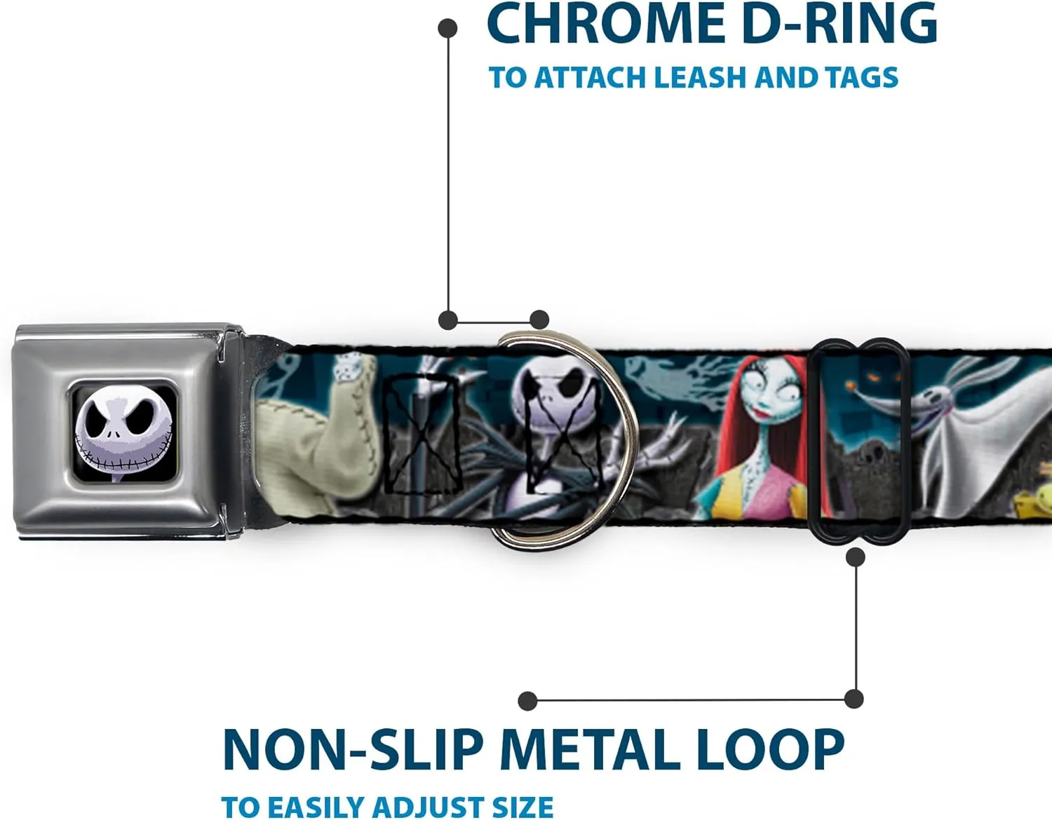 Dog Collar Seatbelt Buckle Nightmare Before Christmas 4 Character Group Cemetery Scene 13 to 18 Inches 1.5 Inch Wide Multicolor