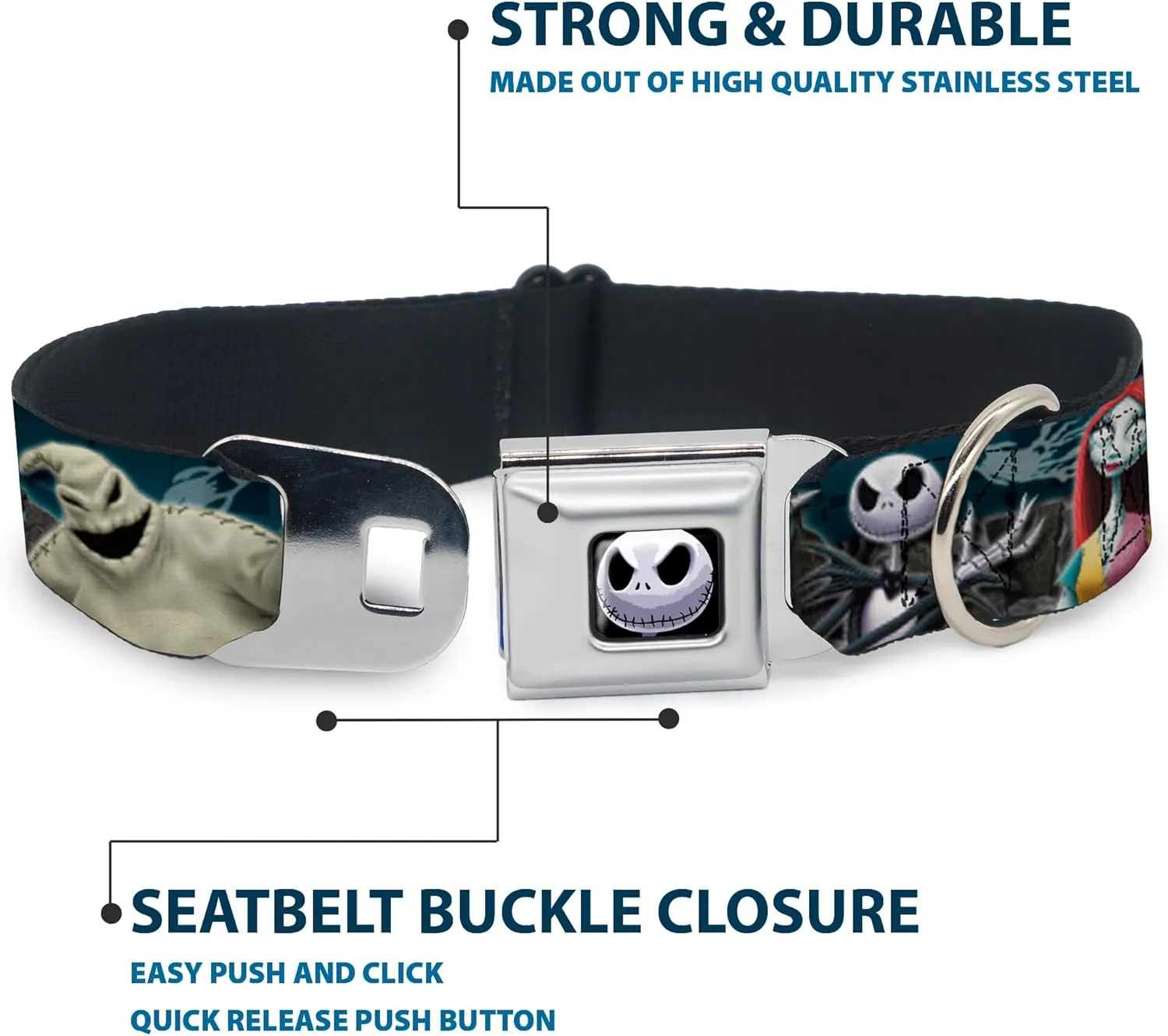 Dog Collar Seatbelt Buckle Nightmare Before Christmas 4 Character Group Cemetery Scene 13 to 18 Inches 1.5 Inch Wide Multicolor