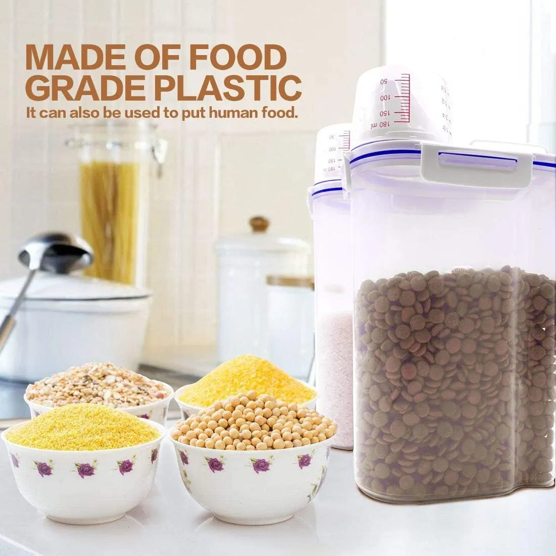 Dog Food Storage Container Small, Cat Food Storage Container Airtight Plastic Dispenser with Graduated Measuring Cup, Pourable Spout and Portable Collapsible Dog Bowl for Pet Food, Birds Seed