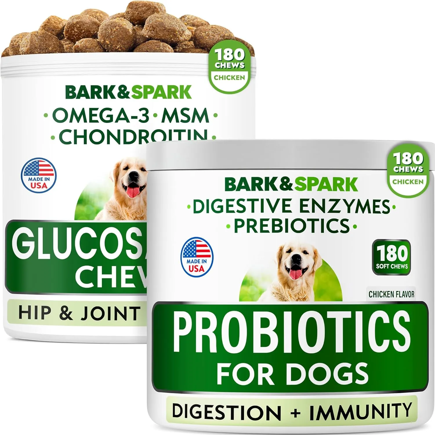 Dog Probiotics   Glucosamine Treats Bundle - 360 Soft Chews - Digestive Enzymes   Prebiotics   Chondroitin, MSM, Omega-3 - Gas, Diarrhea, Allergy, Constipation   Joint Pain Relief - Immunity