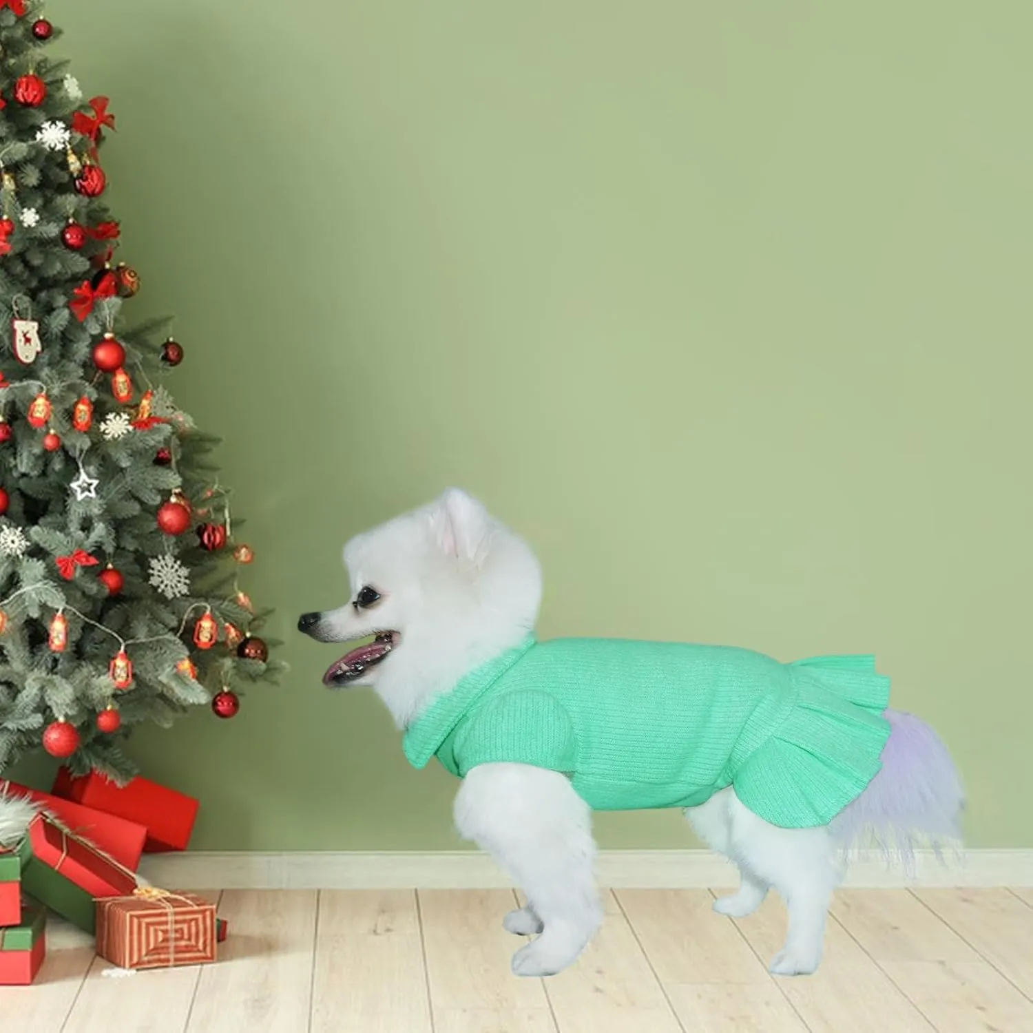 Dog Sweater Dress, Pet Sweaters Dog Sports Knitwear for Small Medium Dogs (Green, XS)
