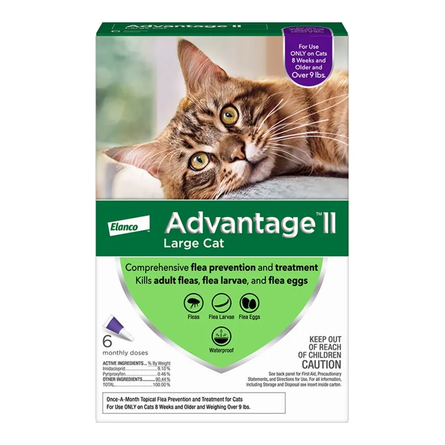 Elanco Advantage II Large Cat 2-Month Dose Flea and Tick Spot-on Treatment - 9  Lbs - Purple - 6 Pack