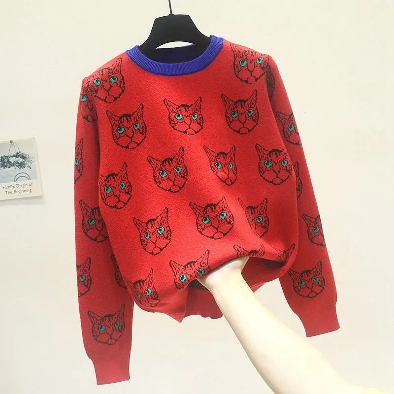 Fabulous Cat Print Knitted Sweaters