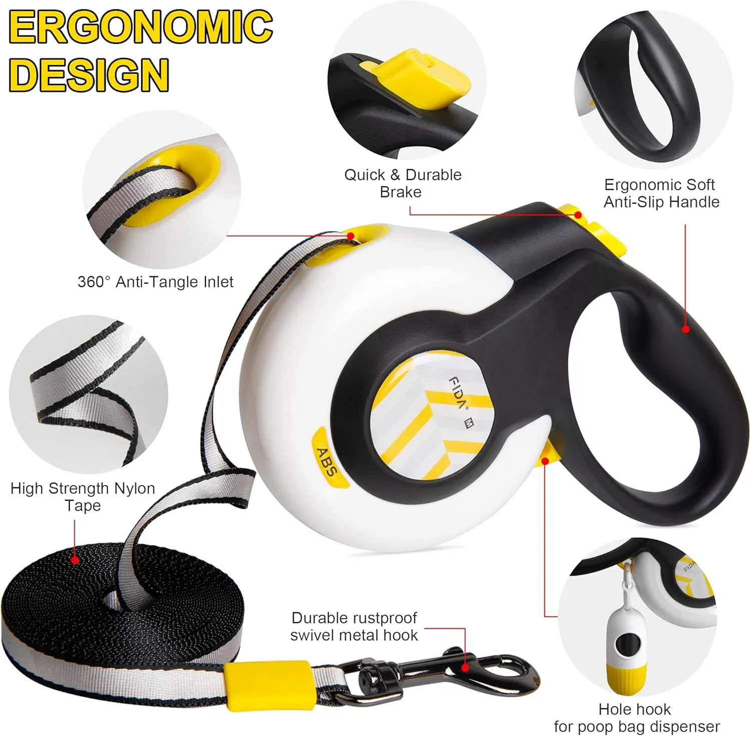 FIDA AutoBrake Retractable Dog Leash. Advanced Patented Design for Dog Pulling, 16 ft Heavy Duty No Pull Pet Walking Leash for Medium Breeds. Tangle Free, Soft Grip, Medium Size.