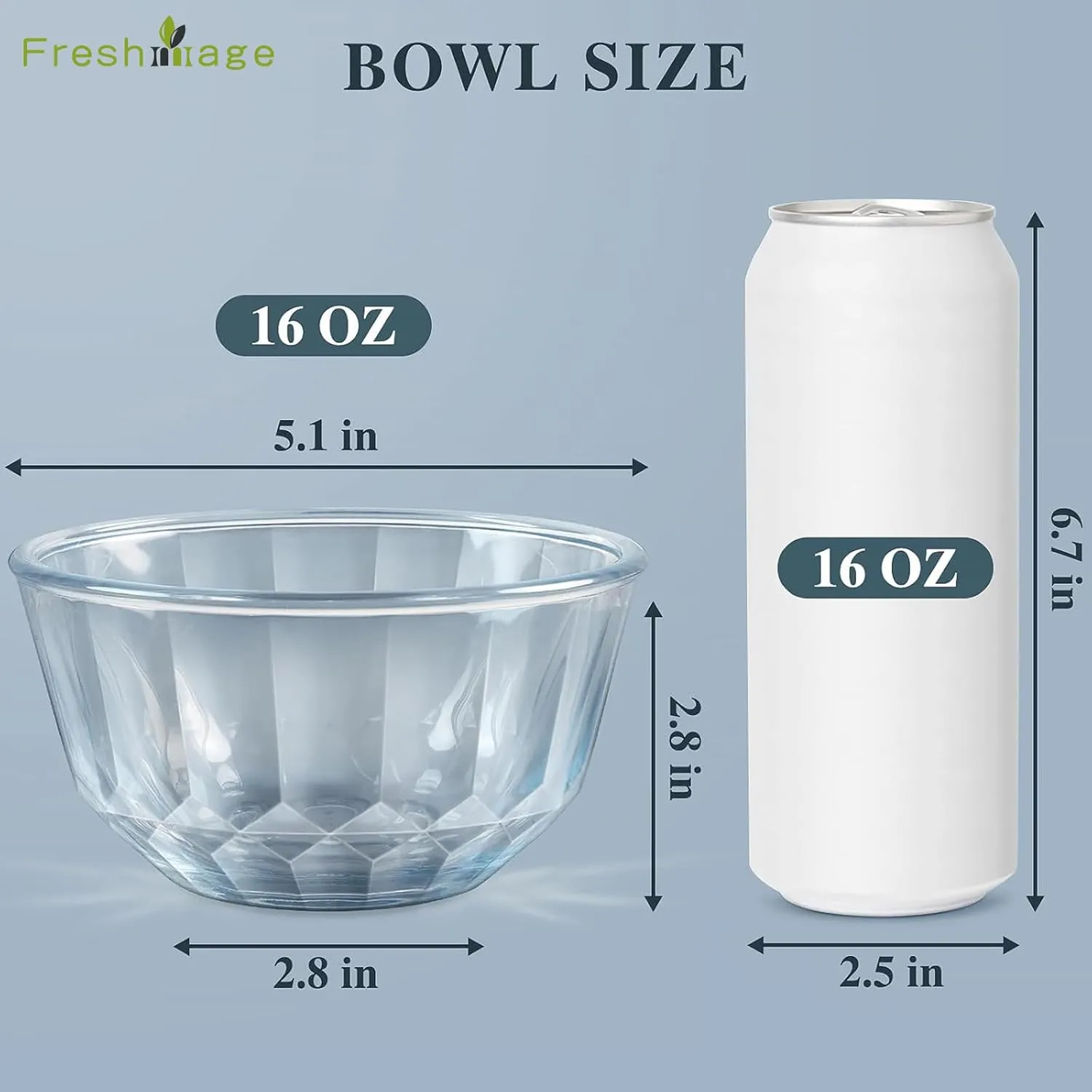 Freshmage 6 Pack Soup/Cereal Bowl Set, Extra Thick and Anti Resistant, 16oz Round Glass Diamond Cutting Kitchen Bowls, Microwave/Freezer/Dishwasher safe