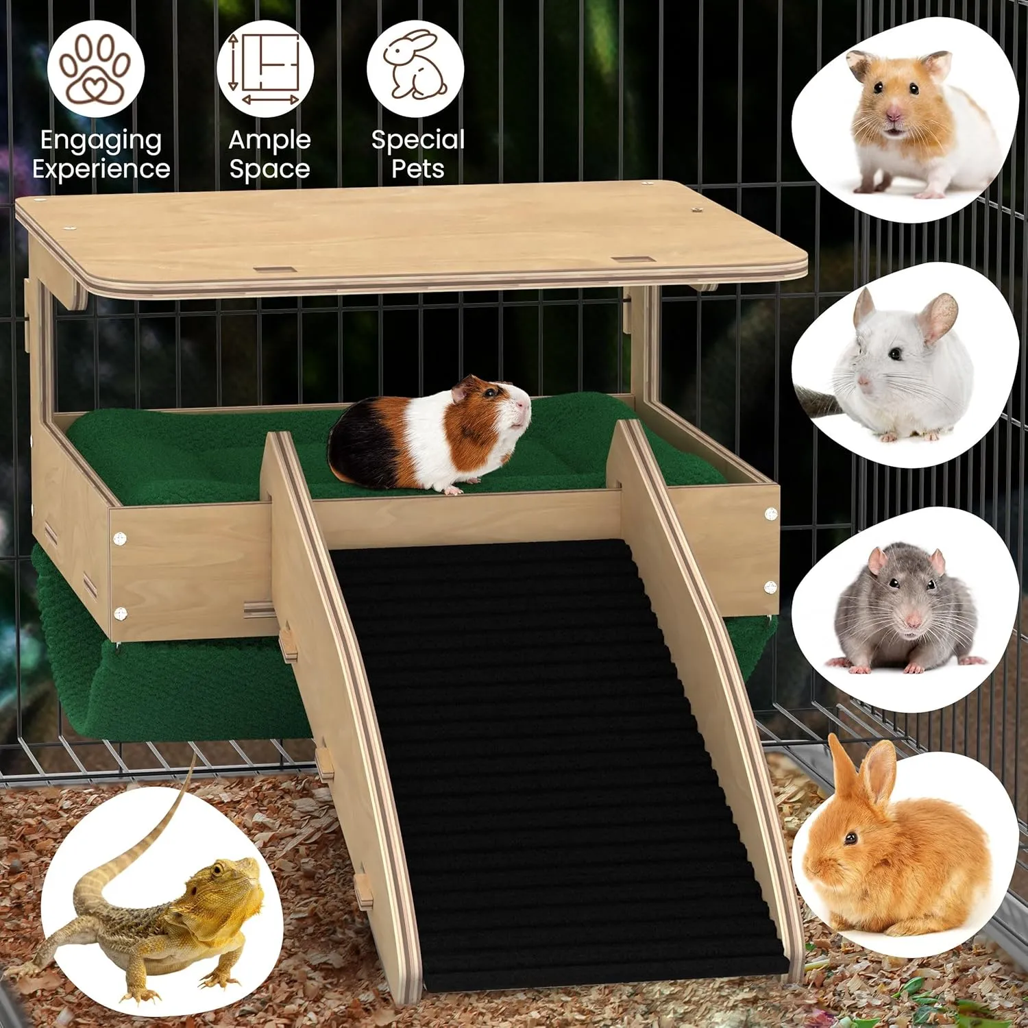 Guinea Pig Hideout and Hammock Combo  Dual Style Design  Large Natural Birch Wood 14x 10 Ferret Hammock for Cage, Chinchilla Hide, Rabbit Loft, Bearded Dragon Accessories (Green)