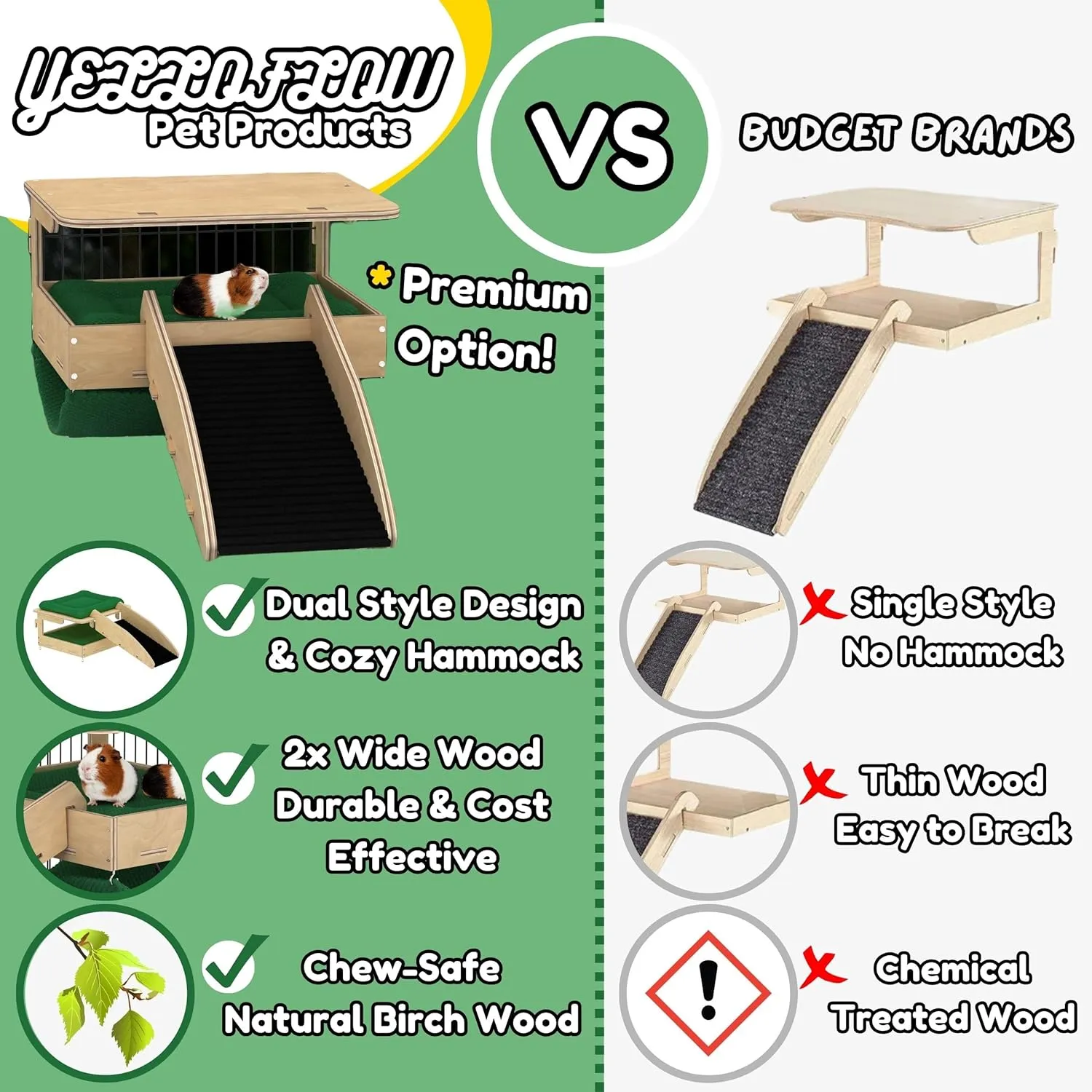 Guinea Pig Hideout and Hammock Combo  Dual Style Design  Large Natural Birch Wood 14x 10 Ferret Hammock for Cage, Chinchilla Hide, Rabbit Loft, Bearded Dragon Accessories (Green)