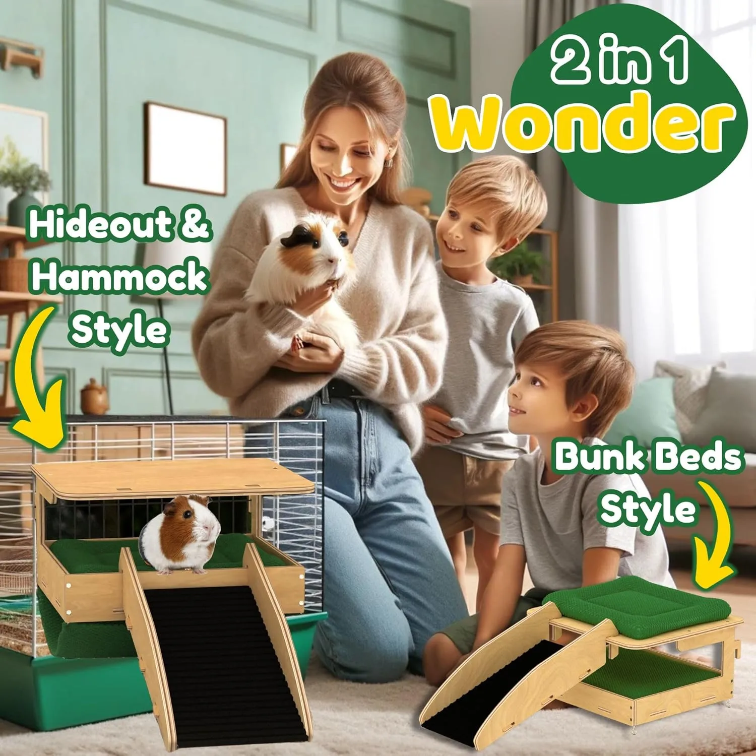 Guinea Pig Hideout and Hammock Combo  Dual Style Design  Large Natural Birch Wood 14x 10 Ferret Hammock for Cage, Chinchilla Hide, Rabbit Loft, Bearded Dragon Accessories (Green)