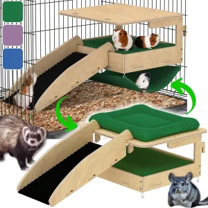 Guinea Pig Hideout and Hammock Combo  Dual Style Design  Large Natural Birch Wood 14x 10 Ferret Hammock for Cage, Chinchilla Hide, Rabbit Loft, Bearded Dragon Accessories (Green)