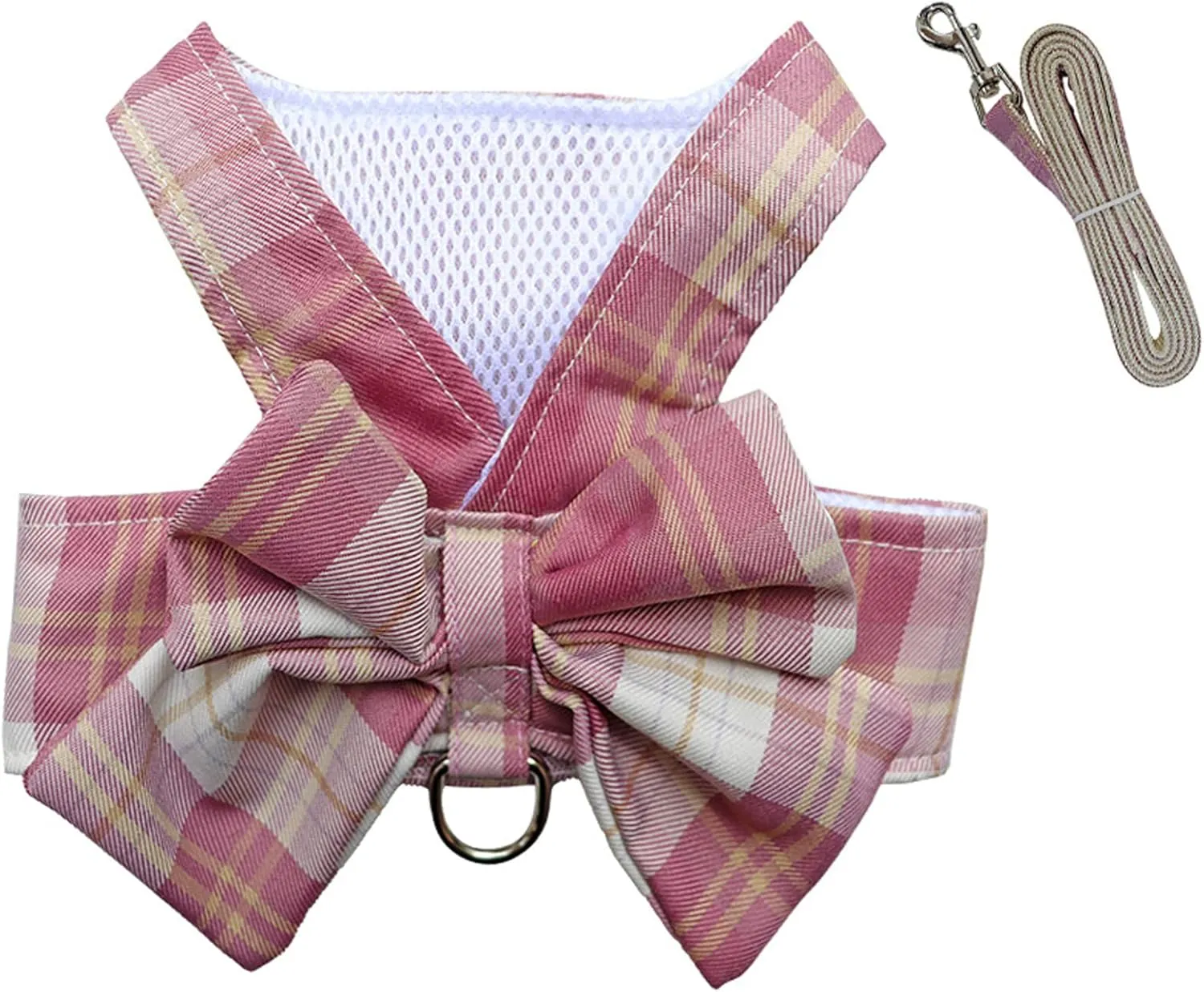 Harness and Leash Set, Cute Bow Tie Plaid Harnesses for Puppy Cat, Adjustable Pet Kitties Vest, Breathable Harness Traction Rope for Boy Girl Small Animal(Harness Dark Pink,XL for 12.1-15.4lbs Dog)