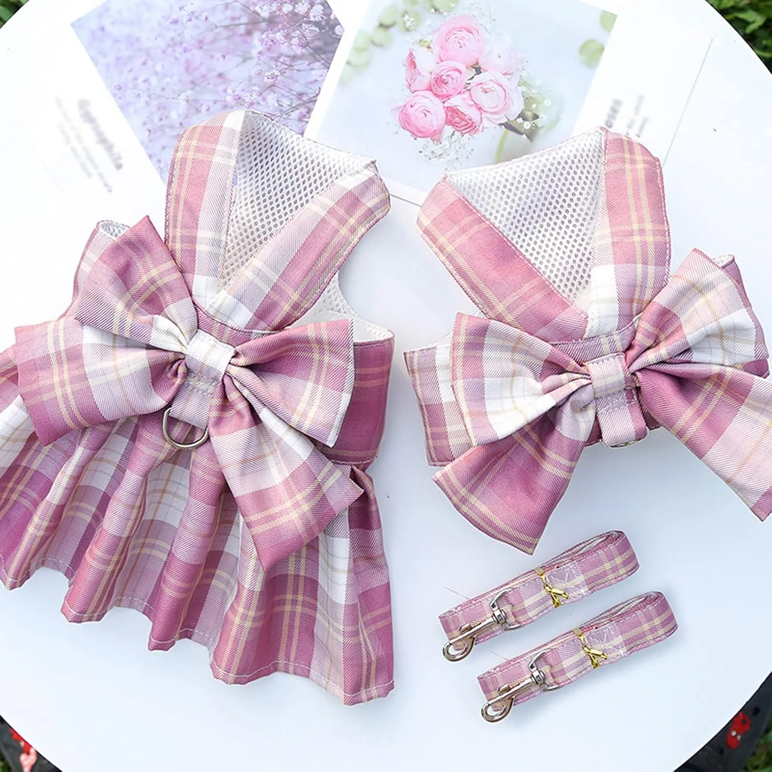 Harness and Leash Set, Cute Bow Tie Plaid Harnesses for Puppy Cat, Adjustable Pet Kitties Vest, Breathable Harness Traction Rope for Boy Girl Small Animal(Harness Dark Pink,XL for 12.1-15.4lbs Dog)